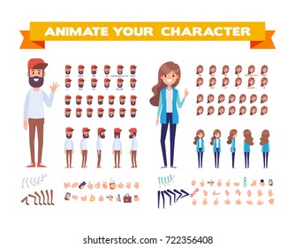 Front, side, back, 3/4 view animaes characters. Young people creation set with various views, hairstyles, face emotions, poses, lip sync, and gestures. Cartoon style, flat vector illustration.