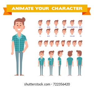 Front, side, back, 3/4 view animaes characters. Young guy creation set with various views,  face emotions, lip sync,poses. Cartoon style, flat vector illustration.