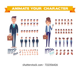 Front, Side, Back, 3/4 View Animaes Characters. Business People Creation Set With Various Views, Hairstyles, Face Emotions, Poses, Lip Sync, And Gestures. Cartoon Style, Flat Vector Illustration.