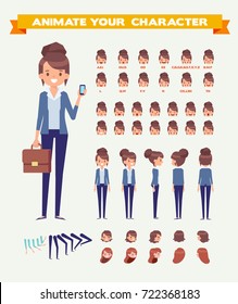 Front, side, back, 3/4 view animated character. Business woman character creation set with various views, hairstyles, lip sync, face emotions and gestures. Cartoon style, flat vector illustration.