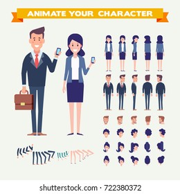 Front, side, back, 3/4 view animated characters.Business people couple creation set with various views, hairstyles, faces. Parts of body template for design.Cartoon style, flat vector illustration.