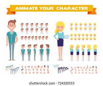 Front, side, back, 3/4 view animated characters. Male and female characters creation set with various views,  face emotions, poses and gestures. Cartoon style, flat vector illustration.