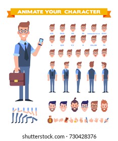 Front, side, back, 3/4 view animated character. Business man character creation set with various views, hairstyles, lip sync,face emotions, poses and gestures. Cartoon style, flat vector illustration.