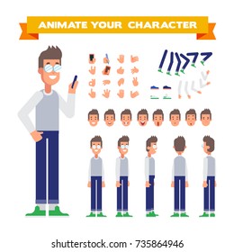 Front, side, back, 3/4 view animated character. Young man with phone character constructor with various views, face emotions, poses and gestures. Cartoon style, flat vector illustration.