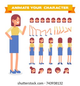Front, side, back, 3/4 view animated character. Mother character constructor with various views, hairstyles, face emotions, poses. Cartoon style, flat vector illustration.