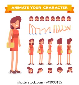 Front, side, back, 3/4 view animated character. Young lady character constructor with various views, hairstyles, face emotions, poses. Cartoon style, flat vector illustration.