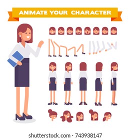 Front, side, back, 3/4 view animated character.Office worker Secretary woman constructor with various views, hairstyles, face emotions, poses. Cartoon style, flat vector illustration.