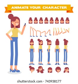 Front, side, back, 3/4 view animated character. Casual girl character constructor with various views, hairstyles, face emotions, poses. Cartoon style, flat vector illustration.