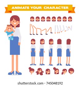 Front, side, back, 3/4 view animated character. Young mother character constructor with various views, hairstyles, face emotions, poses. Cartoon style, flat vector illustration.