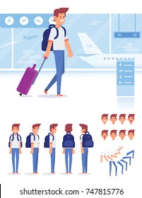 Front, side, back, 3/4 view animated character. Traveler man character with luggage at the airport. Constructor with various views, face emotions, poses. Cartoon style, flat vector illustration.