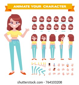 Front, side, back, 3/4 view animated character. Young woman character constructor with various views, face emotions, lip sync and gestures. Cartoon style, flat vector illustration.