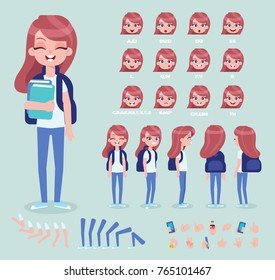 Front, side, back, 3/4 view animated character. Girl student constructor with various views, face emotions, poses and gestures. Cartoon style, flat vector illustration.