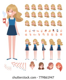 Front, Side, Back, 3/4 View Animated Character. Young Girl Character Constructor With Various Views, Face Emotions, Lip Sync, Poses And Gestures. Cartoon Style, Flat Vector Illustration.