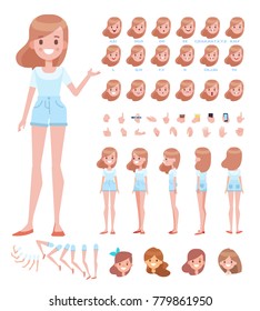 Front, side, back, 3/4 view animated character. Young girl character constructor with various views, face emotions, lip sync, poses and gestures. Cartoon style, flat vector illustration.