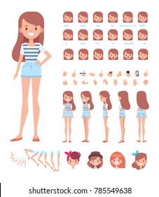 Front, side, back, 3/4 view animated character. Pretty character constructor with various views, hairstyles, face emotions, lip sync, poses and gestures. Cartoon style, flat vector illustration.