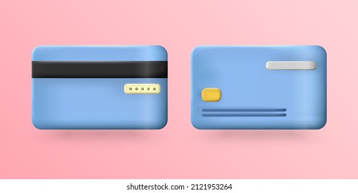 Vorderseite und Rückseite des Cartoons dreidimensionale blaue Plastikkarte für E-Commerce, Business, Shopping, Online-Zahlung, etc. Bankservice-Konzeption. 