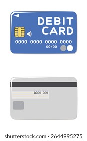 Parte frontal y trasera de la tarjeta de débito. Pago sin efectivo. Ilustración vectorial.