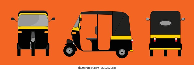 front , side and back elevations of a three wheeler used in India. vector illustration of a tuk-tuk used for transportation in Sri Lanka and Thailand