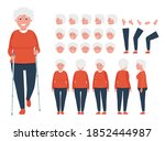 Front, side, back view animated character. Elderly woman character creation set with various views, hairstyles, face emotions, poses and gestures. Cartoon flat vector illustration.