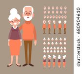 Front, side, back view animated characters. Grandparents creation set with various views, face emotions. Cartoon style, flat vector illustration.
