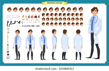 Front, side, back view animated character. Doctor character creation set with various views, face emotions, poses and gestures. Cartoon style, flat vector illustration.Isolated on white.Male doctor