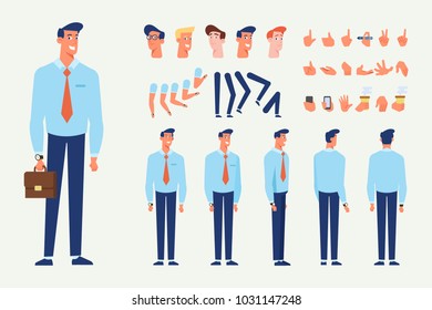 Front, side, back view animated character. Manager character creation set with various views, hairstyles, face emotions, poses and gestures. Cartoon style, flat vector illustration.