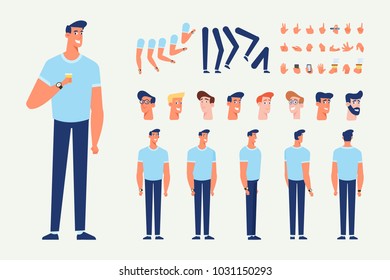 Front, side, back view animated character. Young man character creation set with various views, hairstyles, poses and gestures. Cartoon style, flat vector illustration.