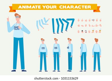 Front, side, back view animated character. Male Photographer character creation set with various views and gestures. Cartoon style, flat vector illustration.
