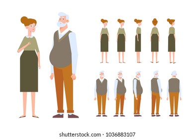 Front, side, back view animated characters. Elderly couple creation set with various views. Cartoon style, flat vector illustration. 