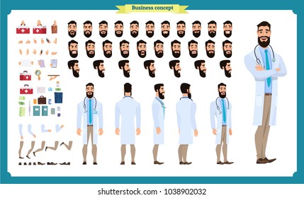 	
Front, side, back view animated character. Doctor character creation set with various views, face emotions, poses and gestures. Cartoon style, flat vector illustration.Isolated on white.Male doctor