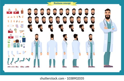 	
Front, side, back view animated character. Doctor character creation set with various views, face emotions, poses and gestures. Cartoon style, flat vector illustration.Isolated on white.Male doctor