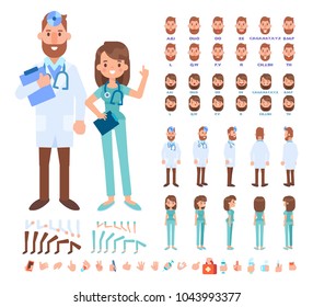 	
Front, side, back view animated character. Woman and man doctors constructor with various views, hairstyles, gestures, lip sync, poses. Cartoon style, flat vector illustration.