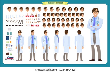 Front, side, back view animated character. Doctor character creation set with various views, face emotions, poses and gestures. Cartoon style, flat vector illustration.Isolated on white.Male doctor