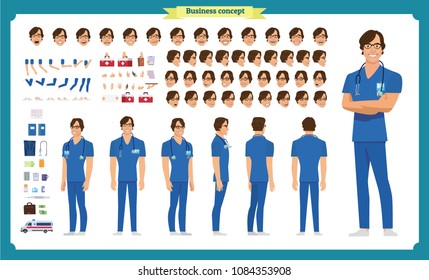 Front, side, back view animated character. Doctor character creation set with various views, face emotions, poses and gestures. Cartoon style, flat vector illustration.Isolated on white.Male doctor