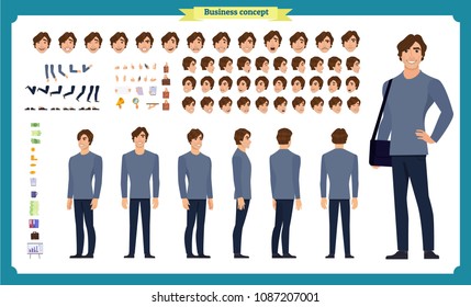 Front, side, back view animated character set with various views, hairstyles, face emotions, poses and gestures. man in casual clothes.Cartoon style, flat vector illustration.People character