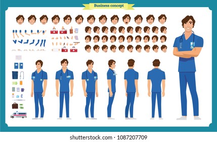 Front, side, back view animated character. Doctor character creation set with various views, face emotions, poses and gestures. Cartoon style, flat vector illustration.Isolated on white.Male doctor