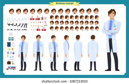 Front, side, back view animated character. Doctor character creation set with various views, face emotions, poses and gestures. Cartoon style, flat vector illustration.Isolated on white.Male doctor