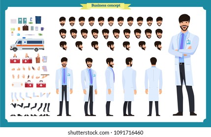 Front, side, back view animated character. Doctor character creation set with various views, face emotions, poses and gestures. Cartoon style, flat vector illustration.Isolated on white.Male doctor