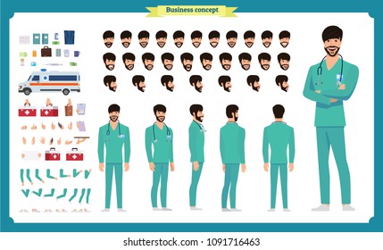 Front, side, back view animated character. Doctor character creation set with various views, face emotions, poses and gestures. Cartoon style, flat vector illustration.Isolated on white.Male doctor