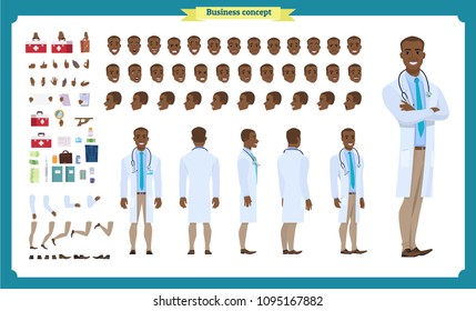 Front, side, back view animated black american character. Doctor character creation set with various views, face emotions, poses and gestures. Cartoon style, flat vector illustration.Isolated.Male 