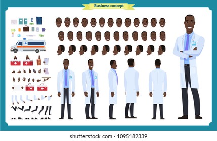 Front, side, back view animated black american character. Doctor character creation set with various views, face emotions, poses and gestures. Cartoon style, flat vector illustration.Isolated.Male 