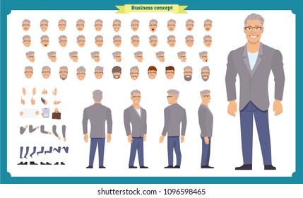 Front, side, back view animated character. Manager character creation set with various views, hairstyles, face emotions, poses and gestures. Cartoon style, flat vector illustration.People character