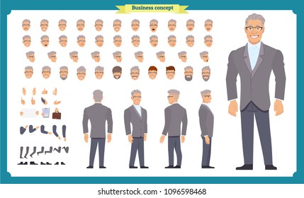 Front, side, back view animated character. Manager character creation set with various views, hairstyles, face emotions, poses and gestures. Cartoon style, flat vector illustration.People character