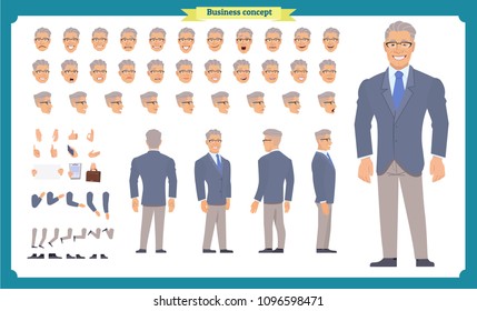 Front, side, back view animated character. Manager character creation set with various views, hairstyles, face emotions, poses and gestures. Cartoon style, flat vector illustration.People character