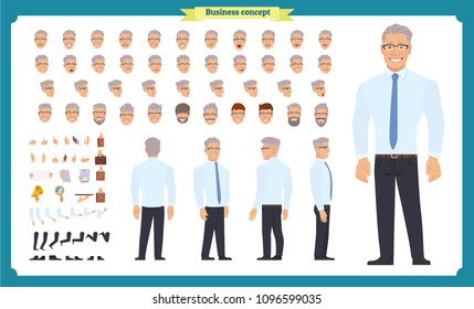 Front, side, back view animated character. Manager character creation set with various views, hairstyles, face emotions, poses and gestures. Cartoon style, flat vector illustration.People character