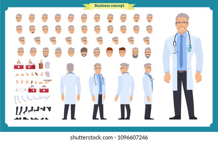 Front, side, back view animated character. Doctor character creation set with various views, hairstyles, face emotions, poses and gestures. Cartoon style, flat vector.Isolated on white.Male doctor