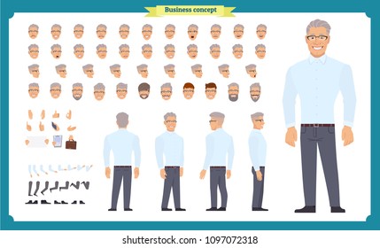 Front, side, back view animated character. Manager character creation set with various views, hairstyles, face emotions, poses and gestures. Cartoon style, flat vector illustration.People character