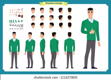 	
Front, side, back view animated character. Male Student character creation set with various views, hairstyles, face emotions, poses and gestures. Cartoon style, flat vector illustration.