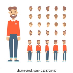 Front, side, back view animated character, separate parts of body. Young guy constructor with various views, hairstyles. Cartoon style, flat vector illustration.