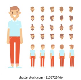 Front, side, back view animated character, separate parts of body. Young guy constructor with various views, hairstyles. Cartoon style, flat vector illustration.